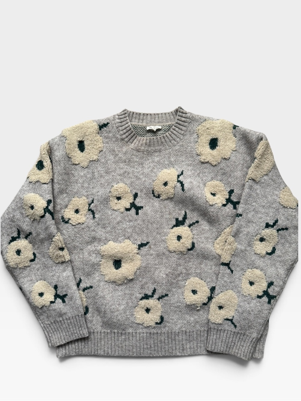 En Crème Floral Textured Crewneck Sweater Gray Cream Women’s Size M